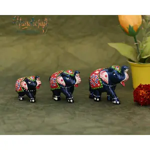 RAJASTHANI METAL HANDICRAFTSPaper Mache Handmade Elephant Showpiece Figurine Set of 3 for Living Room Home Dcor and Gift Purpose (Red)