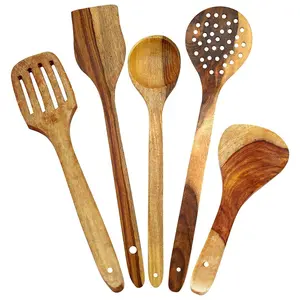 RAJASTHANI PUPPETS Sheesham Wood Hand-Made Non-Stick Cooking Spoons/ladles/Spatulas - Set of 5