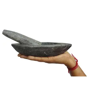 RAJASTHANI PUPPETS Marble Mortar and Pestle Set | Kharal | Khalbatta | 7 Inches (Boat Shape black)