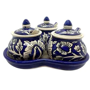 JAIPUR BLUE POTTERY Pickle container Jar set with Spoons and Tray - Set of 3 for dinning table accessories | Painted blue pottery
