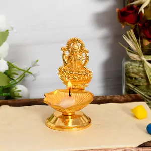 RAJASTHANI METAL HANDICRAFTS Metal Diya Laxmi Ji Deepak for Pooja Mandir Decoration Gift for Festival (8x8CM)