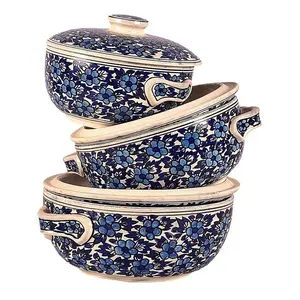 JAIPUR BLUE POTTERY Ceramic Serving Casserole Set of 3 | Serving Bowls With Lids (Set of 3)| 100% Microwave Safe | Sky Blue 3 Serve Casserole Set(1250 ml 900 ml 600 ml)