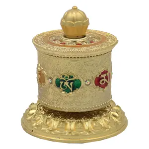 TIBETAN RITUAL CURTAIN Tibetan Prayer Wheel Solid Brass Heavy Duty Table Top Om Mani Padme Hum (Medium Gold)