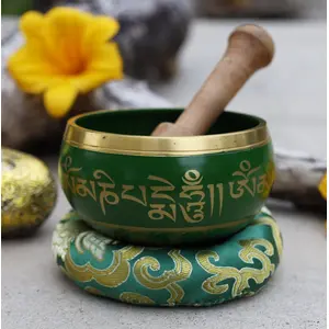 TIBETAN RITUAL CURTAIN Tibetan Meditation Om Mani Singing Bowl / Cushion / Mallet (Green)