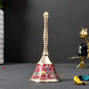 RAJASTHANI METAL HANDICRAFTS Metal Pooja Bell for Mandir Temple Bell/Hand-held Ghanti Decorative Design Colourful Bell for Home Pooja Festival (Red 12 CM)