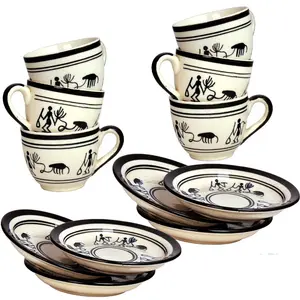 JAIPUR BLUE POTTERY cup plate set of 6 Handmade gifts items | tea cups set of 6 with saucer | tea cups set of 12 | ceramic cup and saucer set | Blue pottery cup set ( Warli design white )| microwave safe plates and cups