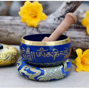 TIBETAN RITUAL CURTAIN Tibetan Meditation Om Mani Singing Bowl/Cushion/Mallet (Blue)
