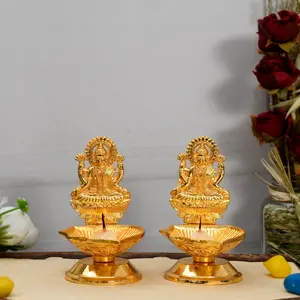 RAJASTHANI METAL HANDICRAFTS Metal Diya Laxmi Ji Ganesh Ji Deepak for Pooja Mandir Decoration Gift for Festival (16x8CM)
