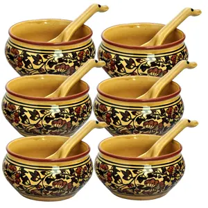 JAIPUR BLUE POTTERY Ceramic Soup Bowls Set with Spoons (6 Bowls 6 Spoons) | 100% Food & Microwave Safe |Handmade Blue Pottery | Brown