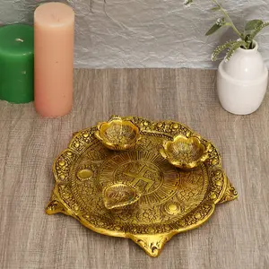 RAJASTHANI METAL HANDICRAFTSAluminium Handcrafted Pooja Thali with 3 Piece Diya Set for Diwali Puja and Office Temple Meenakari Home Decorative Items for Best Gifts Gold Pack of 1