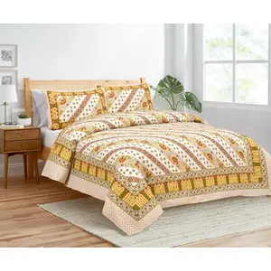 RAJASTHANI PUPPETS UltraRich Floral Yellow Cotton Double Bedsheet 2 Pillow Cover 1 Sheet