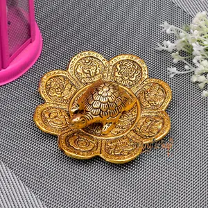 RAJASTHANI METAL HANDICRAFTS Gold Plated Kachua Plate Feng Shui Tortoise On Plate Metal Turtle for Home Vaastu Decoration (10x10CM)