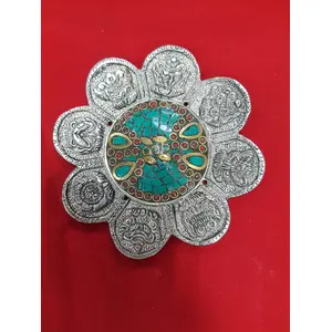 Aluminium Silver platted Flower Shape Tibetan Buddhist Incense Stick Holder with 8 Auspicious Lucky Sign Decorated with Stone and Brass Chips