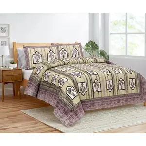 RAJASTHANI PUPPETS Cactus Floral Purple Cotton Double Bedsheet 2 Pillow Cover 1 Sheet