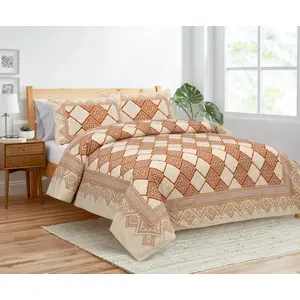 RAJASTHANI PUPPETS Retro Box Orange Cotton Double Bedsheet 2 Pillow Cover 1 Sheet