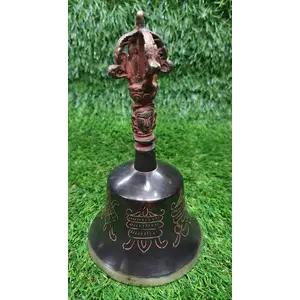 BUDDHA TIBETAN RELIGIOUS GOODS Bronze Metal Tibetan Buddhist Style Antique Finish 8 Auspicious Sign Highlighted on it with Brass Handle in 7" Height for PoojaMeditation and Decorative Bell