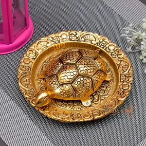 RAJASTHANI METAL HANDICRAFTS Gold Plated Kachua Plate Feng Shui Tortoise On Plate Metal Turtle Gift for Decoration (16x16CM)