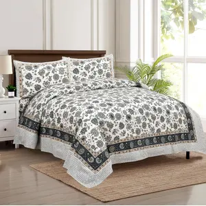 RAJASTHANI PUPPETS Fancy Floral Blue-Green Sunflower Cotton Double Bedsheet 2 Pillow Cover 1 Sheet