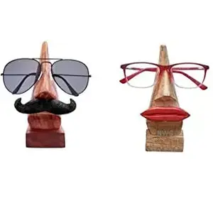 WOOD CRAFTS OF RAJASTHAN Wooden Nose Shaped Spectacle Specs Eyeglass Holder Stand with Moustache - Set of 2-10 cm