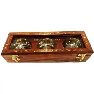 WOOD CRAFTS OF RAJASTHAN Wood Table Top Dry Fruit Box Containers Jars for Kitchen Masala Dani Wooden Spice Storage Box Set for Kitchen / 3 Steel Bowl (Brown)