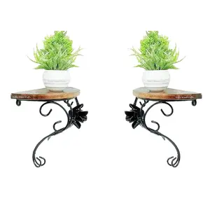 WOOD CRAFTS OF RAJASTHAN Wood and Wrought Iron Wall Bracket Wall Shelf Glossy FinishSet of 2 Black