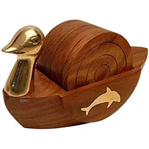 WOOD CRAFTS OF RAJASTHAN Decorative Duck Inspired Brass Holder Wooden Dining/Tea/Coffee/Office Coasters Set Home Dcor Round Reversible Wood Coaster Set (Pack of 6)