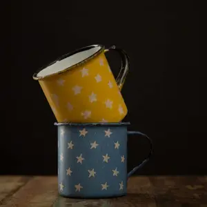 WOOD CRAFTS OF RAJASTHAN Painted Vintage Enamel Mugs - Yellow & Blue - Set of 2