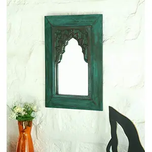 WOOD CRAFTS OF RAJASTHAN Vintage Carved Minaret Mirror (Green)