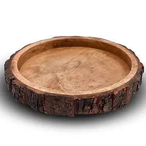 WOOD CRAFTS OF RAJASTHAN Beautiful Table Decor Round Shape Wooden Serving Tray/Platter for Home and Kitchen (BAKKEL Tray 10 inch)