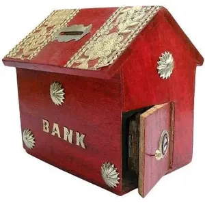 WOOD CRAFTS OF RAJASTHAN Wooden red HUT Shape Money Bank Safe Kids/Saving Box Piggy Bank for Adults Travel Fund Vacation Fund // with Lock and Key (Wooden Money Bank Coin Storage Kids 1)