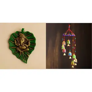 JAIPUR STONE WORK Lord Ganesha on Green Leaf & Cotton Door Hanging (Multicolour_5.5X5.5X19 Inch) (STRBEL500)
