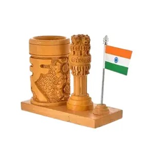 WOOD CRAFTS OF RAJASTHAN Wooden Handmade Carved Rupee Design Ashok stambha Pen Stand with Flag | Gift For Family & Friends Home Office Teachers Gift Thank You Gift House Warming New Year Promotion