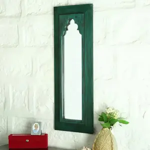 WOOD CRAFTS OF RAJASTHAN Minaret Vintage Distressed Mirror Frame (Green)