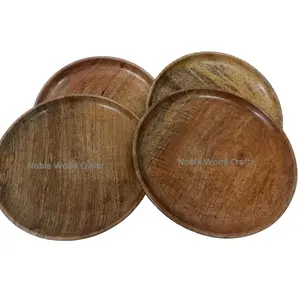 WOOD CRAFTS OF RAJASTHAN Mango Wood Serving Plate Wooden Serving Plate Mango Wood with Shine Polish Serving Platter //Plates // Tray Round Plate (10 * 10 inch (Set of 4)