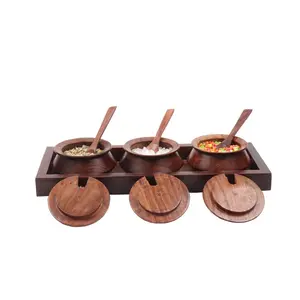 WOOD CRAFTS OF RAJASTHAN Beautiful Wooden Mukhwas Mouth Freshner Handi Jars Set Of 3 for Kitchen Decor - Handcrafted Jars