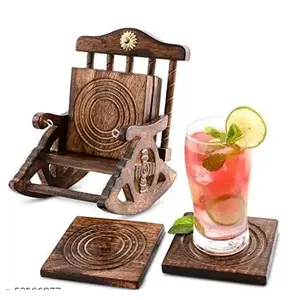 WOOD CRAFTS OF RAJASTHAN Wooden Antique Miniature Chair Shape TeaCoffeeDrink hot/Cold Coaster Set with 6 Coaster for Kitchen/Dining Table/Office/Restaurant.