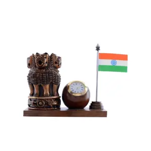 WOOD CRAFTS OF RAJASTHAN Wooden Pen/Pencil Holder Stand with Clock and Indian Flag || Gift For Family & Friends Home Office Teachers Gift Thank You Gift House Warming New Year Promotion.
