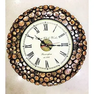 WOOD CRAFTS OF RAJASTHAN Wooden Round Shape Hanging Wall Clock (Brown)