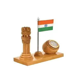 WOOD CRAFTS OF RAJASTHAN Wooden Handmade Carved Ashok stambha Pen Stand with Clock & Flag || Gift for Family & Friends Home Office Teachers Gift Thank You Gift House Warming New Year Promotion.
