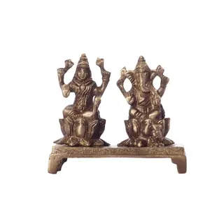 JAIPUR STONE WORK Antique Finish Brass Laxmi Ganesha on Lotus Base (3.8 cm x 8.9 cm x 8.9 cm Brown)