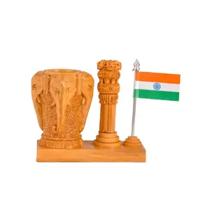 WOOD CRAFTS OF RAJASTHAN Wooden Pen Stand with Ashoka stambh and Flag || Gift For Clients Customers Family & Friends Home Office Teachers Gift Thank You Gift House Warming New Year Promotion.