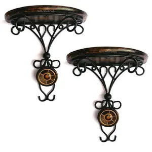 WOOD CRAFTS OF RAJASTHAN Wooden & Wrought Iron Fancy Wall Shelf (Brown & Black Size - 8 x 4 x 9.5 Inches) Pack of 2