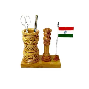 WOOD CRAFTS OF RAJASTHAN Wooden Jali Pen Stand with Ashoka Stamb & Flag | Gift for Clients Customers Family & Friends Home Office Teachers Gift Thank You Gift House Warming New Year Promotion.