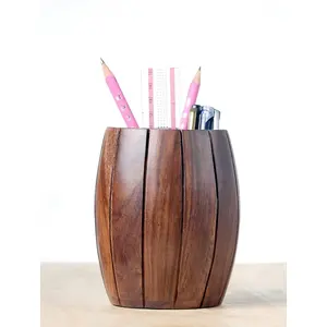 WOOD CRAFTS OF RAJASTHAN Wooden Round Barrel Shaped Pen Stand Pencil Holder for Office Table Decoration Multipurpose Desk Organiser | Gift Item | Pen stand for School & College