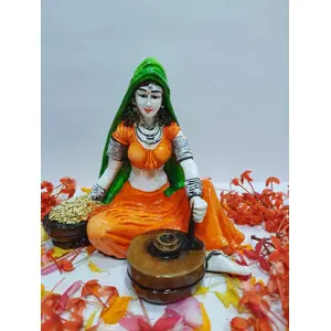 WOOD CRAFTS OF RAJASTHAN Polyresin Rajasthani Lady Grinding Grain with Hand Decor Idol