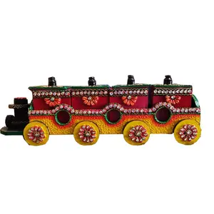 BIKANER GANGAUR IDOL Decorative Square Wooden Handmade Train Shaped Dry Fruit Box with 4 Container (Multicolour 18x5 Inch)