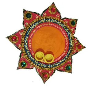 BIKANER GANGAUR IDOL Decorative Wooden Handmade Pooja Thali with 2diya (12x12 inch) Multi Color