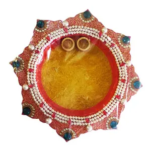 BIKANER GANGAUR IDOL Decorative Wooden Handmade Pooja thali (12x12inch) Mulit Color with Pearl