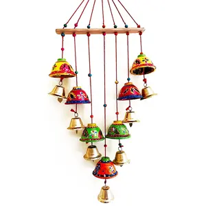 WOOD CRAFTS OF RAJASTHAN Wind Chime for Home Home Cotton Door Hanging Wooden Rajasthani Colored Bells Design Handicraft Hand Painted Wooden Wind Chimes Multicolor Wall Dcor (Latkan) for Balcony and Room