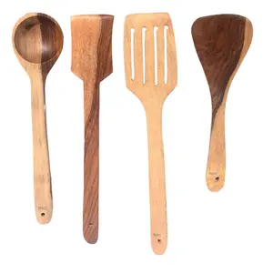 WOOD CRAFTS OF RAJASTHAN Wood Sheesham Hand Crafted Wooden Kitchen Set of 4 Multipurpose Serving & Cooking Spoon Set & Ladles Wooden Spoon Kitchen Tool Set (Natural Wood Colour) Set of 4